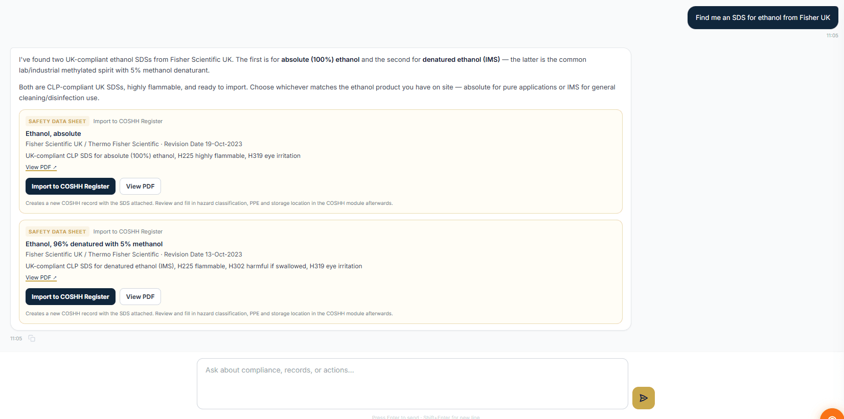 AI Assistant finding and importing Safety Data Sheet