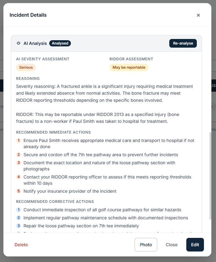 RIDDOR AI analysis showing severity assessment and recommended actions